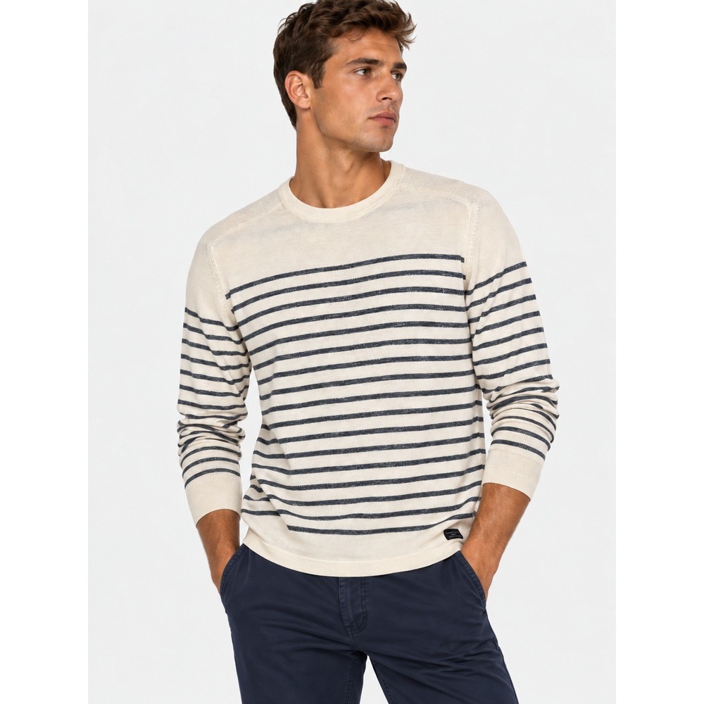 Selected Homme Striped Cotton Crew Neck Sweater Cream Navy S